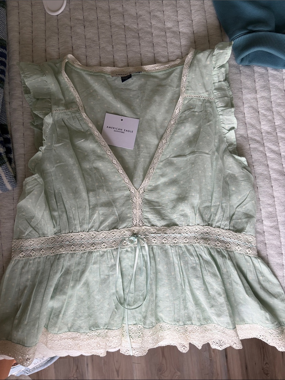 NWT American Eagle Pale Mint Polka Dot Lace-Trim Tank
